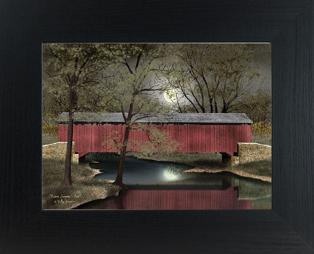 Covered bridge framed wall art by Billy Jacobs featuring a red bridge over a river at dusk surrounded by lush green summer landscape