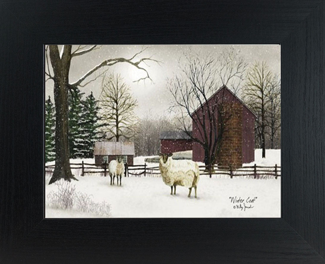 Winter farm wall art by Billy Jacobs featuring a red barn, sheep in a fenced pasture, evergreen trees, and a snowy countryside scene