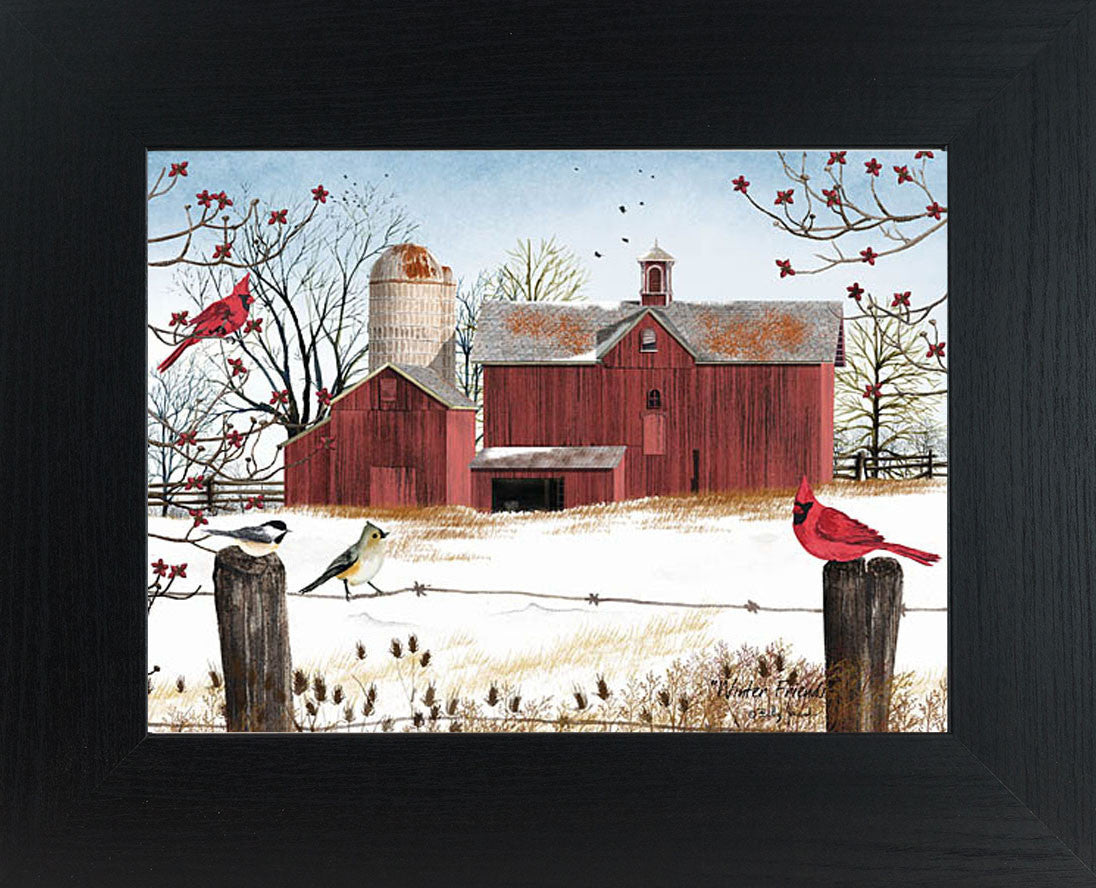 Winter farm framed wall art by Billy Jacobs featuring a red barn in snow with cardinals and birds perched on a fence, classic Americana winter decor
