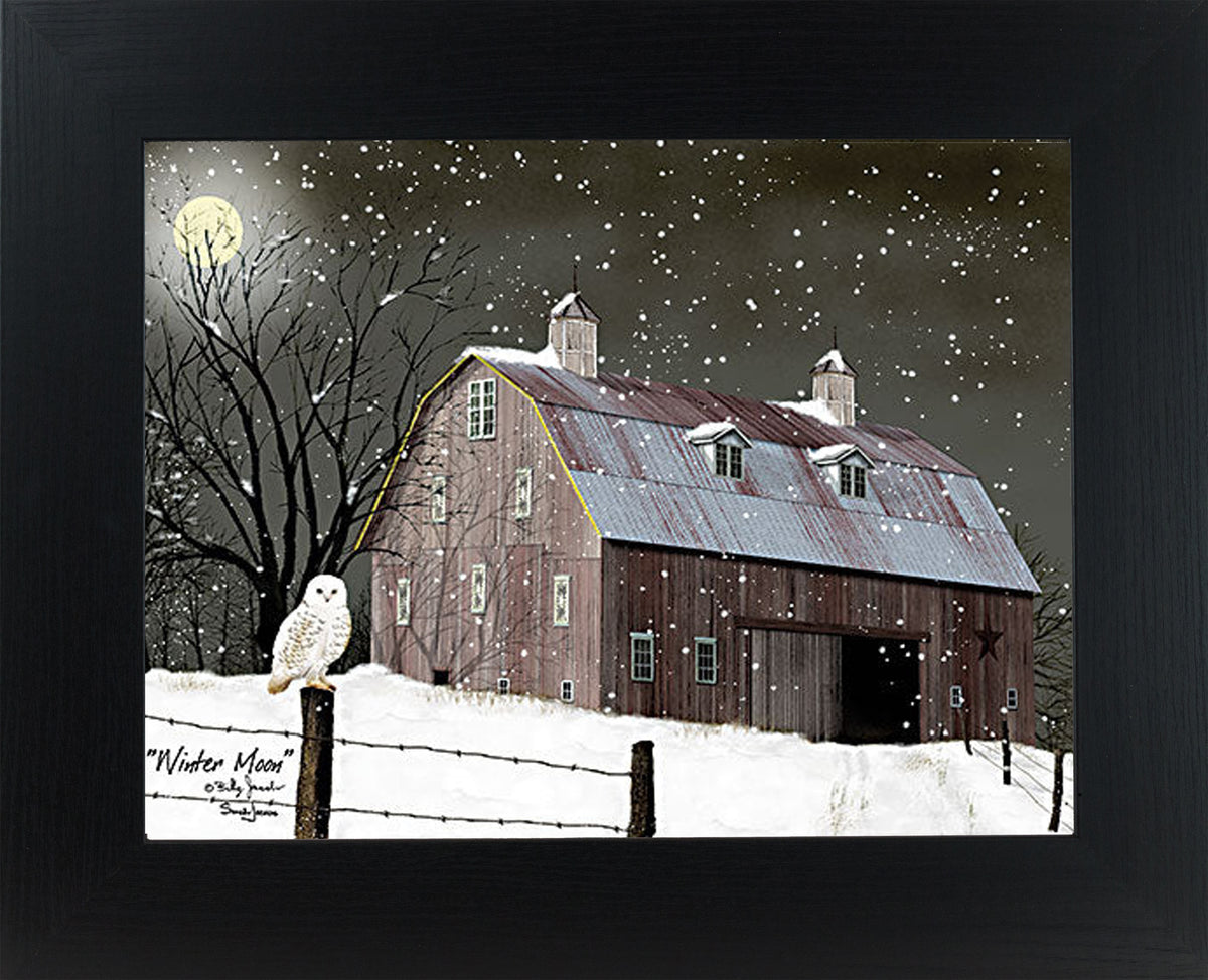 Framed winter night farm wall art by Billy Jacobs showing a snow-covered barn under a full moon, leafless tree, snowy ground, wire fence, and a white owl perched on a fence post.