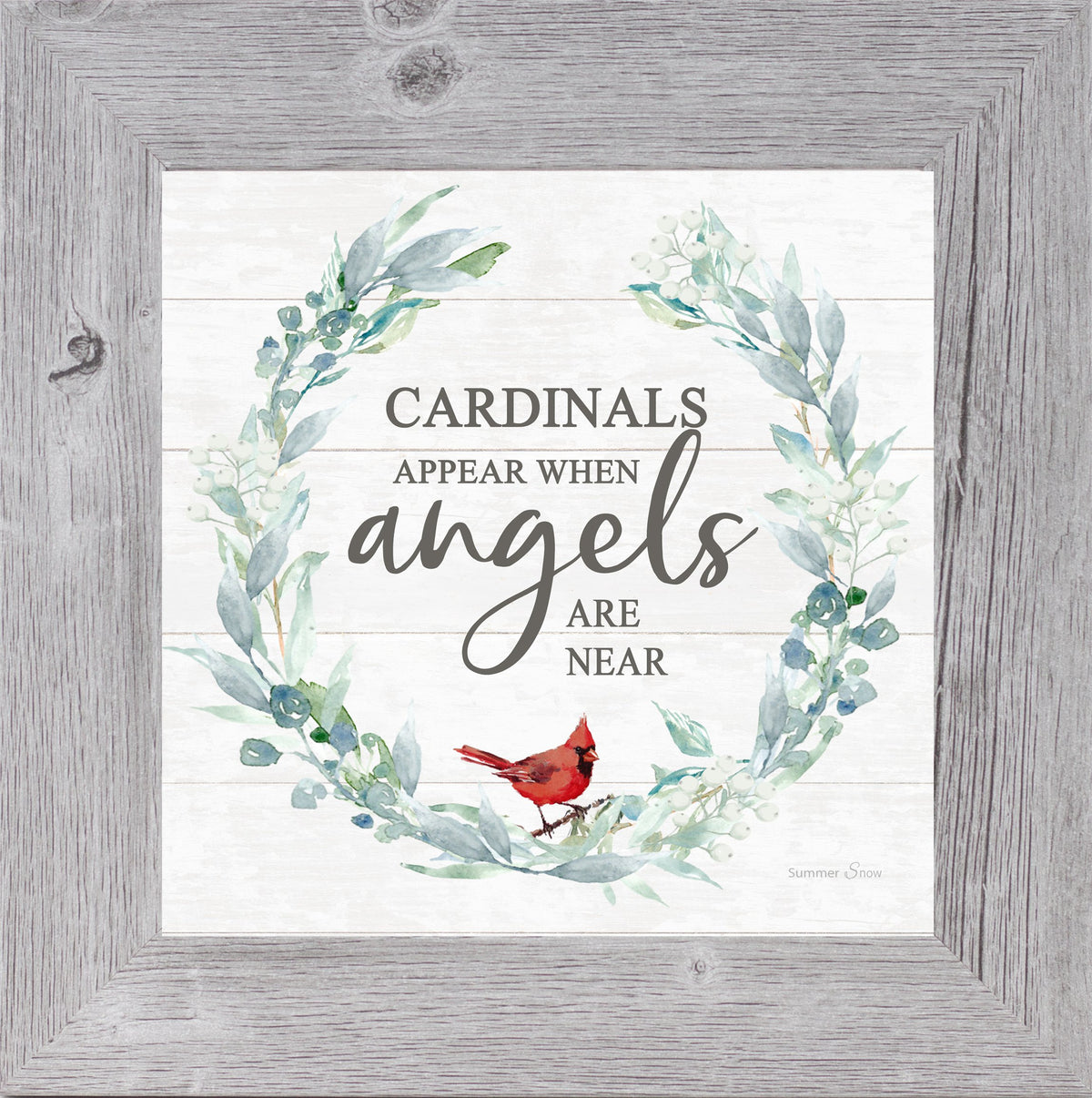 Cardinal sympathy wall art with greenery and “Cardinals Appear When Angels Are Near” quote by Summer Snow