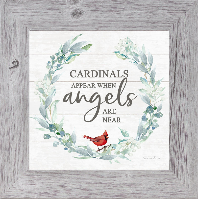 Cardinal sympathy wall art with greenery and “Cardinals Appear When Angels Are Near” quote by Summer Snow