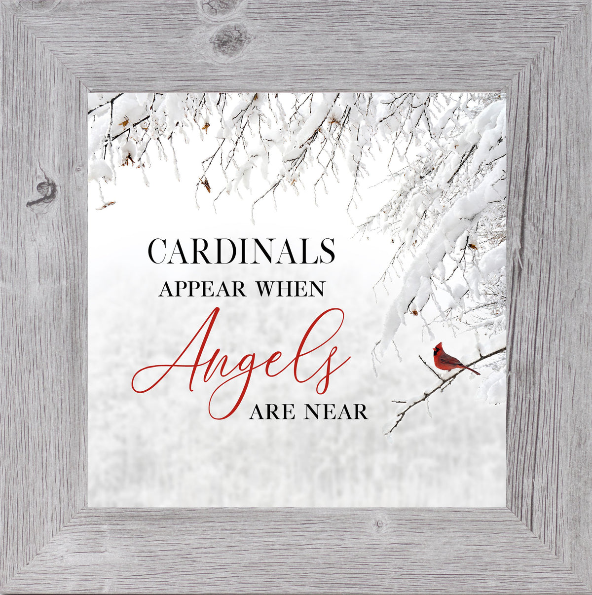 Cardinals Appear When Angels Are Near framed winter wall art with red cardinal and snow