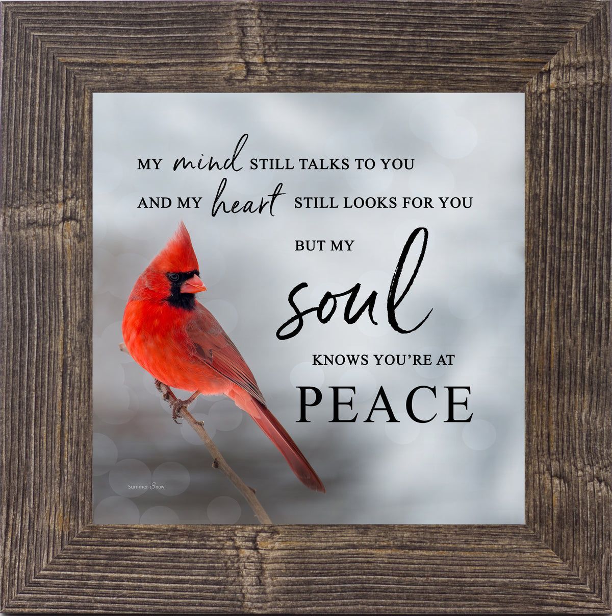 Cardinal wall art with neutral background and quote My Soul Knows You're at Peace – framed sympathy gift