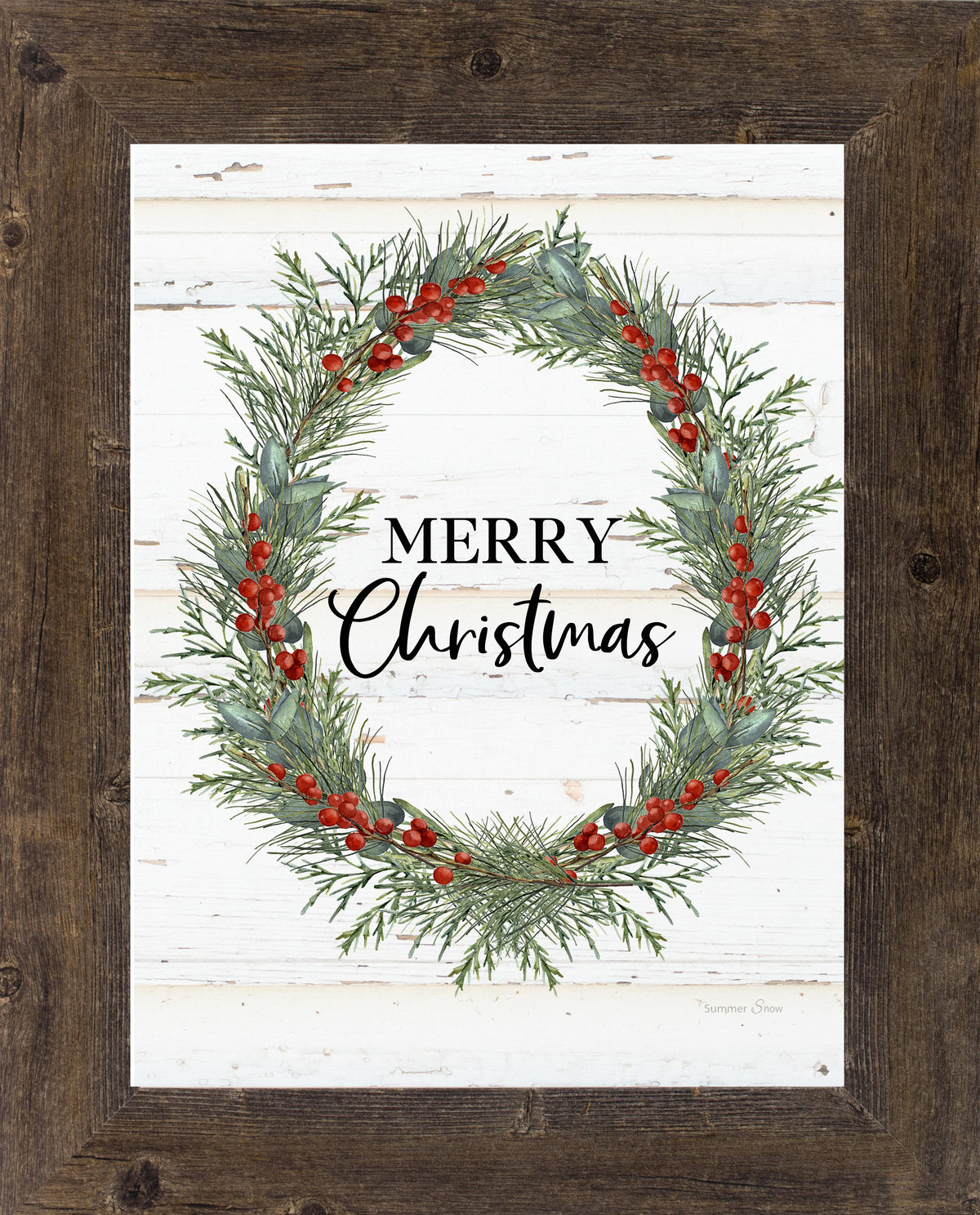 Framed Christmas wall art with green wreath, red berries, “Merry Christmas” text, and rustic neutral wood-style background