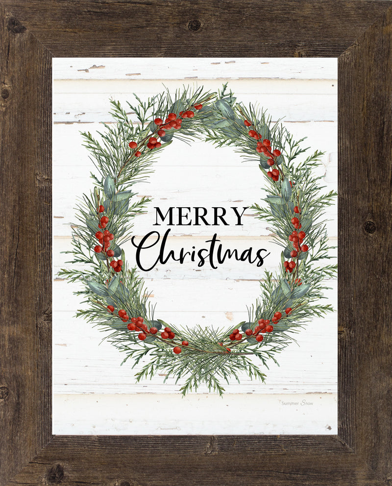 Framed Christmas wall art with green wreath, red berries, “Merry Christmas” text, and rustic neutral wood-style background