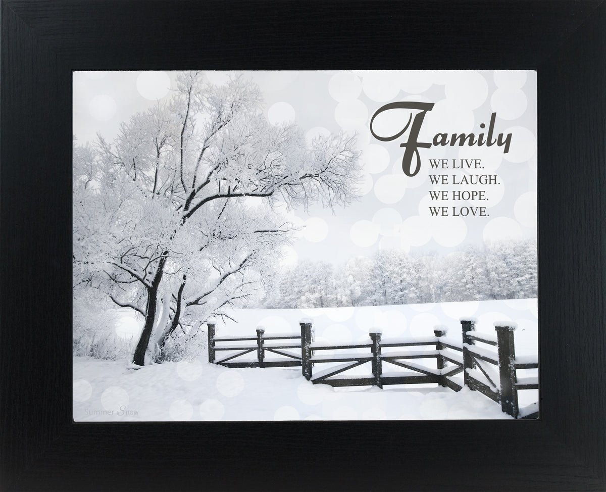 Framed winter wall art with snowy fence, tree line, and family quote “We Live, We Laugh, We Hope, We Love”