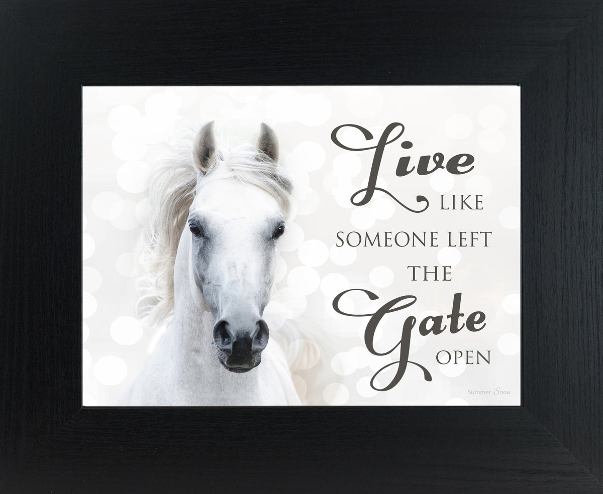 Framed horse wall art with white horse portrait and quote “Live Like Someone Left the Gate Open” on neutral background